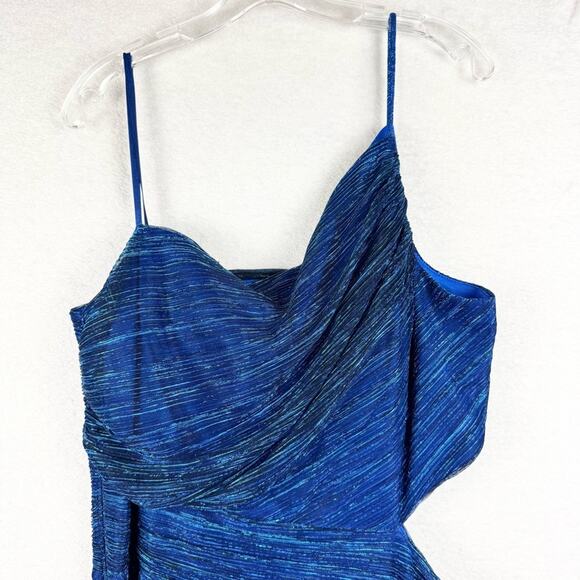 NWT Betsy & Adam One Shoulder Metallic A-Line Dress with Cutout A25539 Blue - 20 - Picture 6 of 16